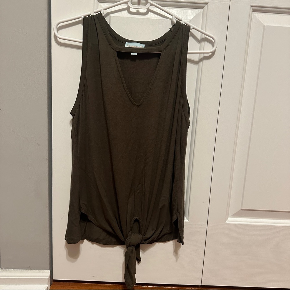 Veronica M Grey / Olive Front Tie Cut Out Neck Tank Top